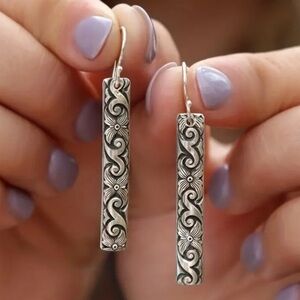 Silver Boho Floral Engraved Drop Earrings